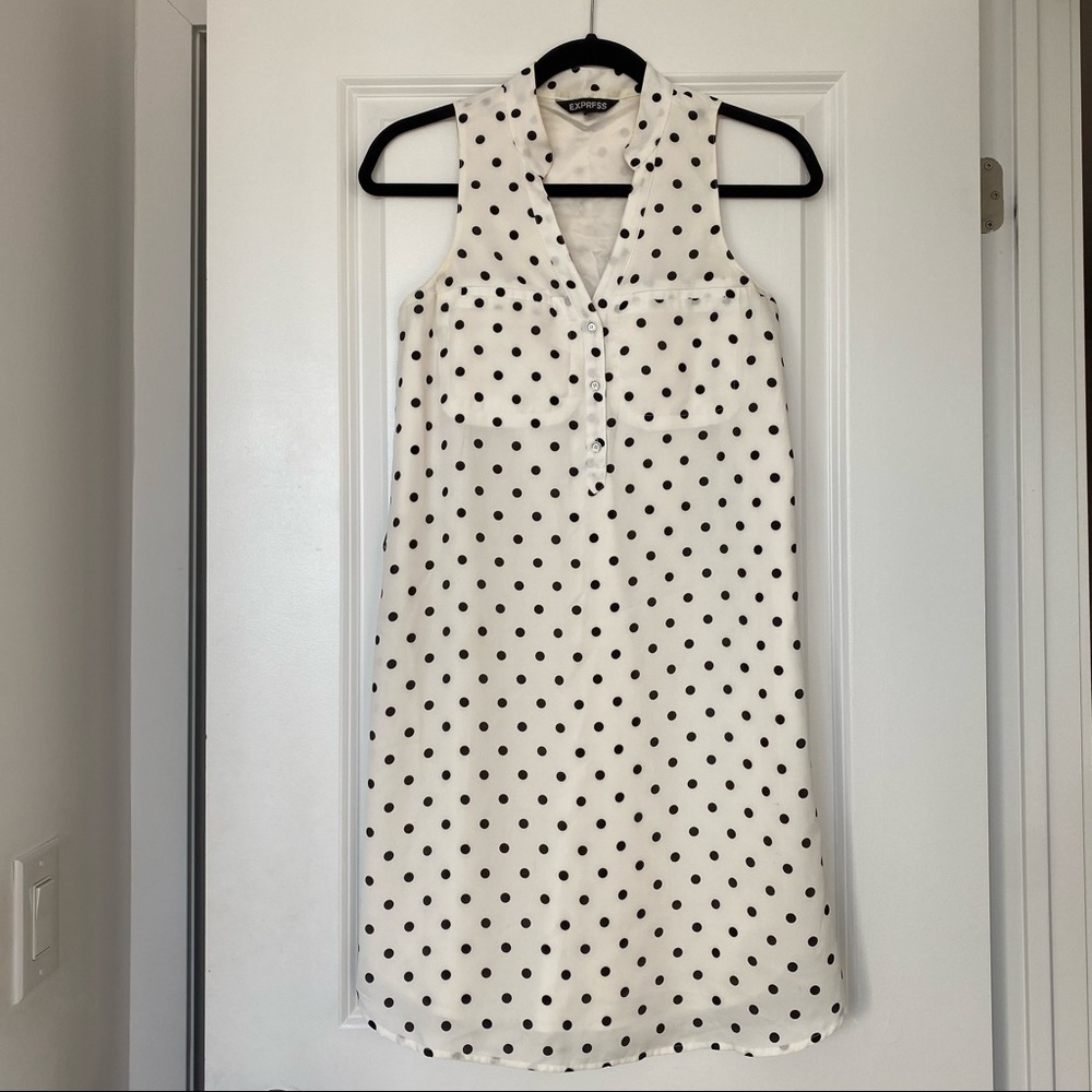 XS white with black polka dot belted sleeveless dress from EXPRESS